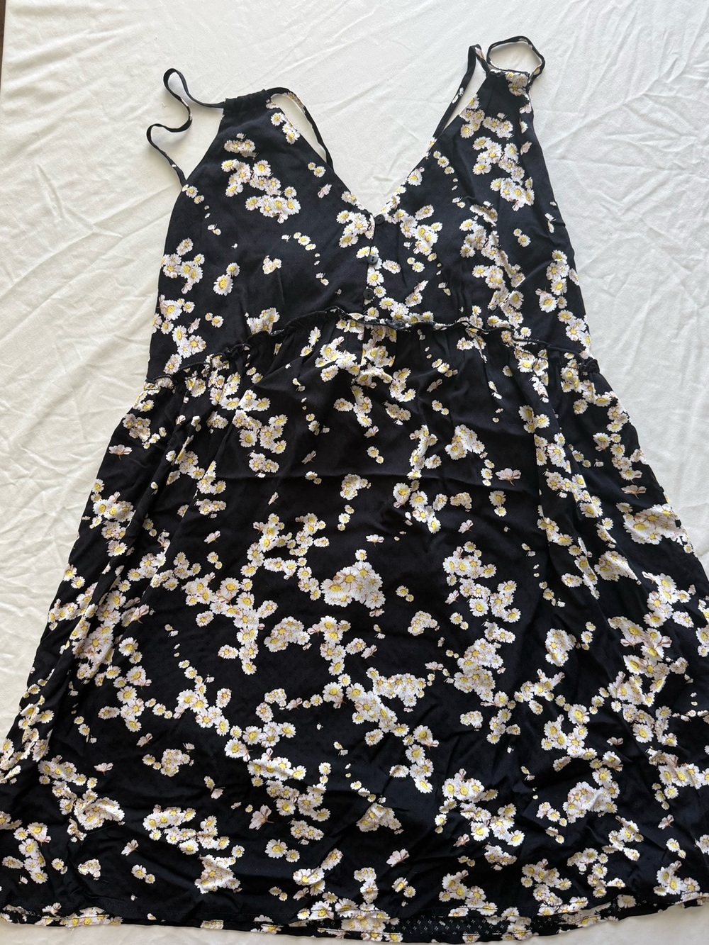 Cupshe Black Daisy Floral V-Neck Mini Dress Tie Back with Yellow Accents